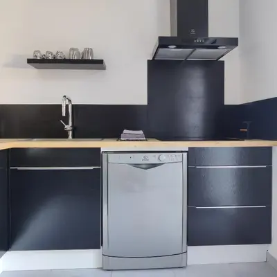 a kitchen with a sink and a dishwasher at LE CELESTHYM - SPA Privatif in Conques-sur-Orbiel