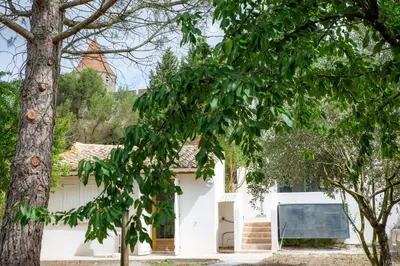 a white house with trees in front of it at Les Pimprenelles in Carcassonne