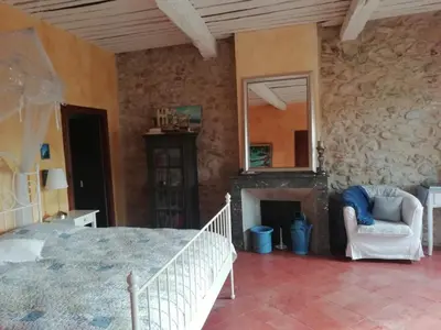 a bedroom with a bed and a mirror and a fireplace at Maison La vie est belle in Luc-sur-Orbieu
