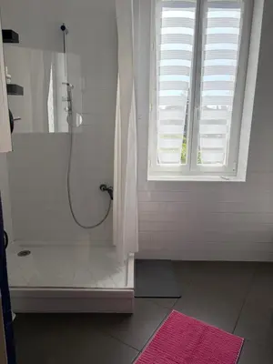 a bathroom with a shower and a sink and a window at La maison cocooning in Narbonne