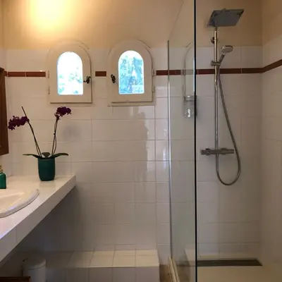 a bathroom with a shower and a sink at Le Nid des Corbières in Bizanet