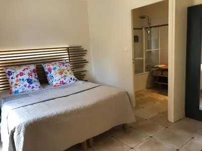 a bedroom with a bed and a walk in shower at Le Nid des Corbières in Bizanet