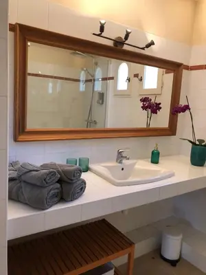 a bathroom counter with a sink and a mirror at Le Nid des Corbières in Bizanet
