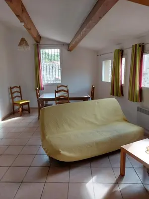 a living room with a couch and a table at GIte place République in Pézilla-de-Conflent