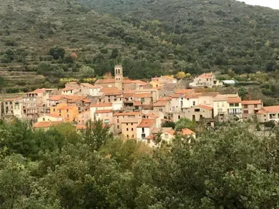 a group of houses on a hill with trees at GIte place République in Pézilla-de-Conflent