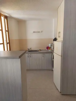 a kitchen with a white refrigerator and a sink at Gîte communal presbytère in Pézilla-de-Conflent