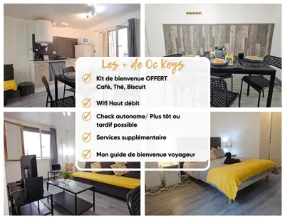 a collage of photos of a kitchen and a living room at La Pause Laurag-aise l'embleur Oc Keys 27 in Castelnaudary