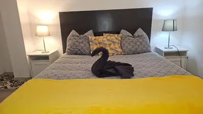 a black swan sitting on a bed with two lamps at La Pause Laurag-aise l'embleur Oc Keys 27 in Castelnaudary