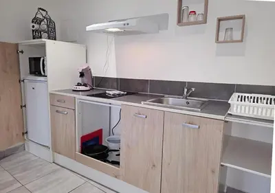 a kitchen with a sink and a refrigerator at Castelnaudary - Appartement JARDIN in Castelnaudary