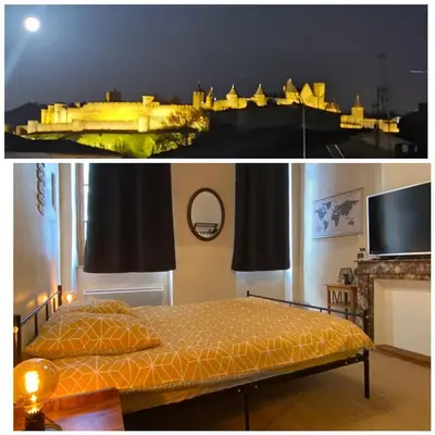 two pictures of a bedroom with a bed and a tv at Rooftop Face à la Cité 'RFC' in Carcassonne