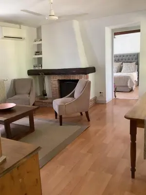 a living room with a fireplace and a couch at The Courtyard in Castres