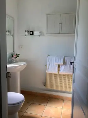 a white bathroom with a sink and a toilet at The Courtyard in Castres