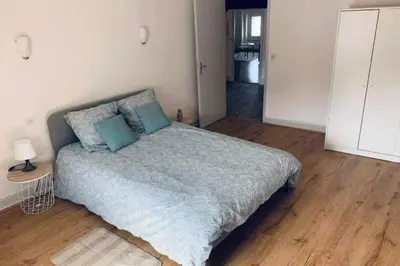 a bedroom with a bed with blue pillows on it at Charmant appartement T2 hypercentre de Mazamet in Mazamet