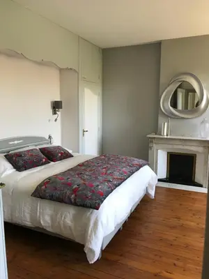 a bedroom with a bed with a fireplace and a mirror at La villa du chai in Lézignan-Corbières