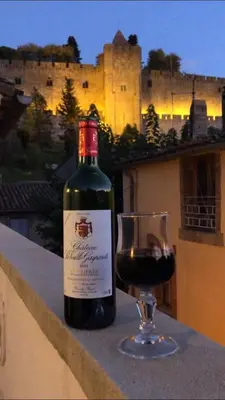 a bottle of wine sitting next to a glass of wine at Carcahouse in Carcassonne