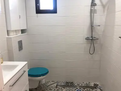 a bathroom with a shower and a toilet and a sink at Carcahouse in Carcassonne