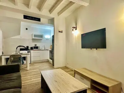 a living room with a couch and a tv on a wall at Maison Jebari - Carcassonne centre in Carcassonne