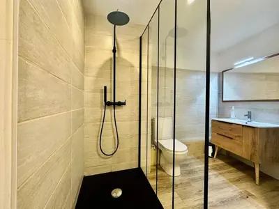 a bathroom with a shower and a toilet and a sink at Maison Jebari - Carcassonne centre in Carcassonne