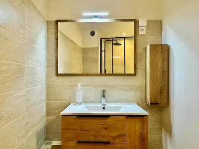 a bathroom with a sink and a mirror at Maison Jebari - Carcassonne centre in Carcassonne