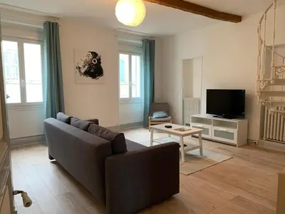 a living room with a couch and a tv at Elégant Appartement T3 hypercentre de Mazamet in Mazamet