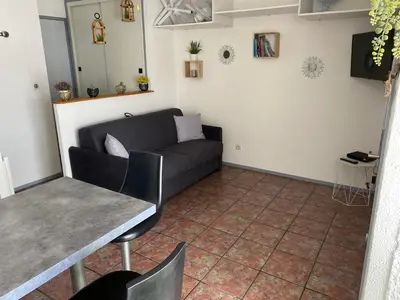 a living room with a couch and a table at APPARTEMENT SUR LE PORT DE Gruissan in Gruissan