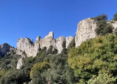 a castle on the side of a mountain at Les Deux Chevaux Chambres d’Hôtes in Rouvenac