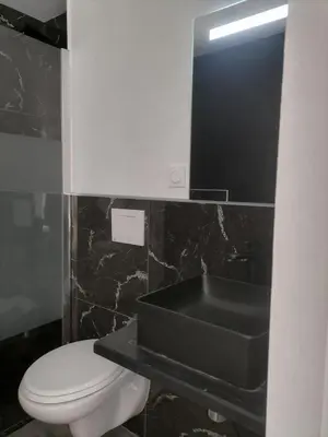 a bathroom with a toilet and a black sink at Cosy Centre Ville Narbonne in Narbonne
