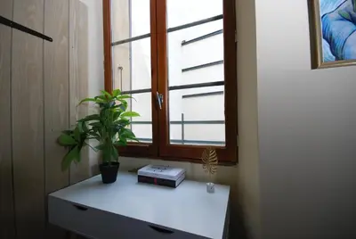 a window with a book and a plant on a desk at Baignoire Cosy Centre Narbonne in Narbonne