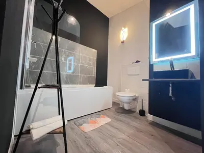 a bathroom with a shower and a tub and a toilet at Studio Baignoire centre ville in Narbonne
