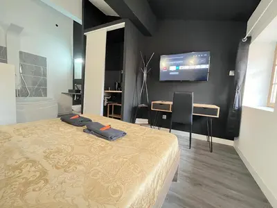 a bedroom with a bed and a tv on a wall at Charmant Studio Baignoire in Narbonne