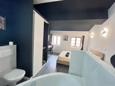 a bathroom with a sink and a toilet and a bed at Charmant Studio Baignoire in Narbonne