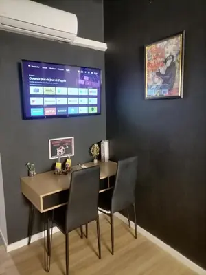 a meeting room with a table and chairs and a screen at Jacuzzi Terrasse Centre Narbonne in Narbonne