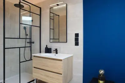 a bathroom with a sink and a shower with a mirror at T2 chaleureux au centre de castelnaudary in Castelnaudary