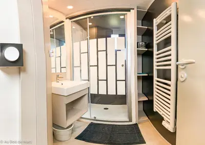 a bathroom with a sink and a glass shower at Au bois de Mars in Les Martys
