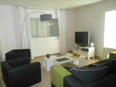 a living room with a couch and a tv at Appartement Aloa in Carcassonne