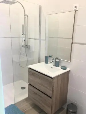 a bathroom with a sink and a shower with a mirror at L Ostalada in Roquefort-des-Corbières