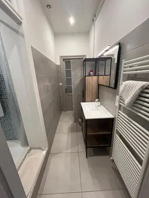 a small bathroom with a sink and a mirror at Les clématites in Narbonne