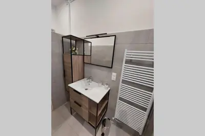 a bathroom with a sink and a mirror at Les clématites in Narbonne