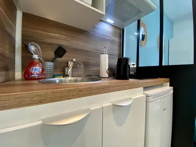 a kitchen counter with a sink and a mirror at Studios Sauzède - Carcassonne centre-ville in Carcassonne