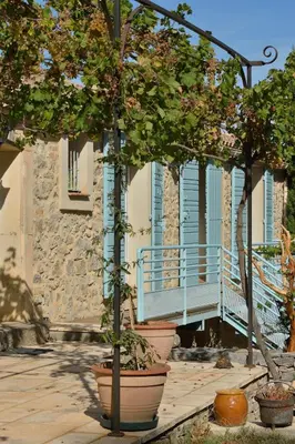 a building with blue windows and potted trees in pots at Domaine de 