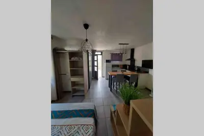 a kitchen and a living room with a dining room at Location studio entre garrigue et mer in Vinassan