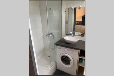a washing machine in a bathroom with a shower at Location studio entre garrigue et mer in Vinassan