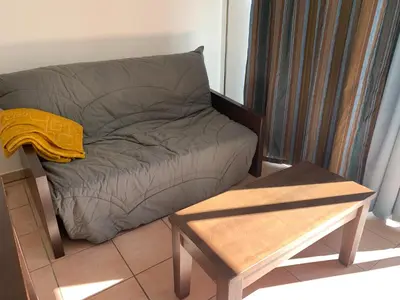 a couch and a table in a living room at T2 Les jardins Gruissan in Gruissan