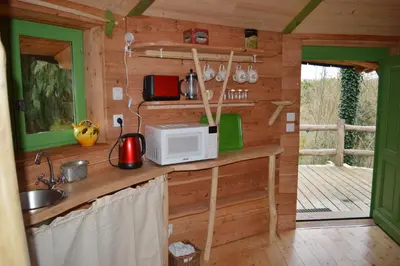 a kitchen in a log cabin with a microwave at Les Ecuries de la Sabatarié in Cambounès