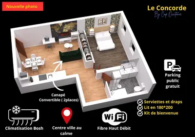 a bedroom with a bed with an orange wall at LE CONCORDE-WIFI-Clim-Parking-3étoiles-OcKeys in Bram