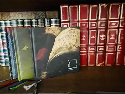a group of books sitting on a shelf at Le Domaine de La Tuilerie - Gite de charme en bord de riviere avec piscine in Serviès-en-Val