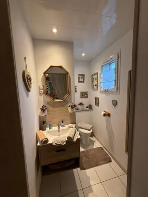 a bathroom with a sink and a toilet and a mirror at Mon rêve in Les Martys