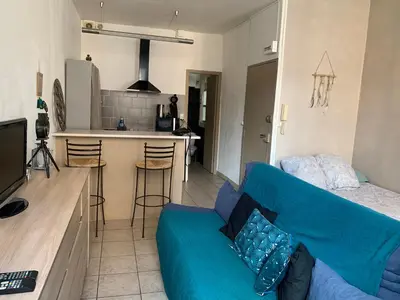 a living room with a blue couch and a kitchen at Studio en plein centre in Carcassonne