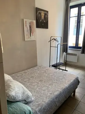 a bedroom with a bed and a chair in it at Studio en plein centre in Carcassonne