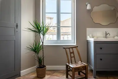 a bathroom with a plant and a chair and a sink at Maison d'hôtes ÔVillage in Ouveillan